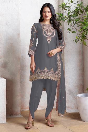 Grey embroidered faux georgette semi patiyala suit