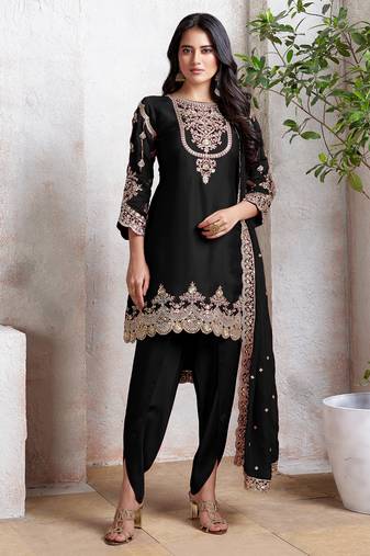 Black embroidered faux georgette semi patiyala suit