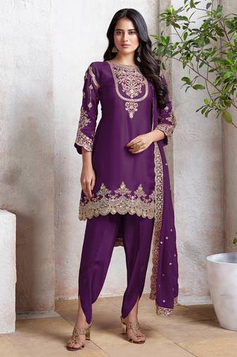 Purple embroidered faux georgette semi patiyala suit