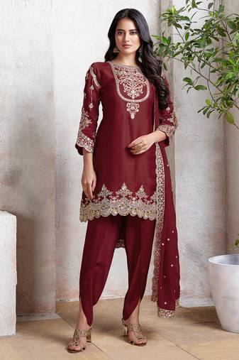 Maroon embroidered faux georgette semi patiyala suit