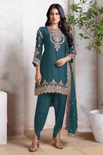 Aqua blue embroidered faux georgette semi patiyala suit