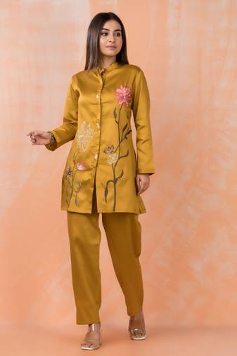 Gold embroidered cotton sabhya marigold co-ord sets