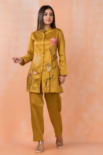 Gold embroidered cotton sabhya marigold co-ord sets