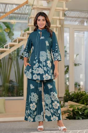 Blue printed blended cotton jayti hibis co-ord sets