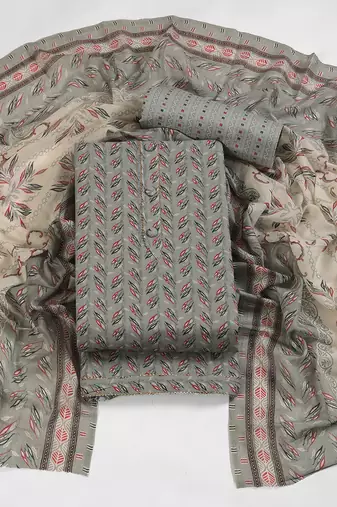 Grey cotton printed summer collection unstitched suit with cotton dupatta