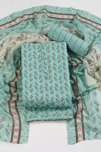 Aqua blue cotton printed summer collection unstitched suit with cotton dupatta