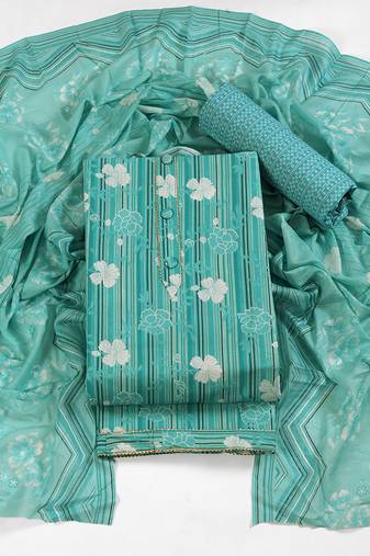 Aqua blue cotton printed summer collection unstitched suit with cotton dupatta