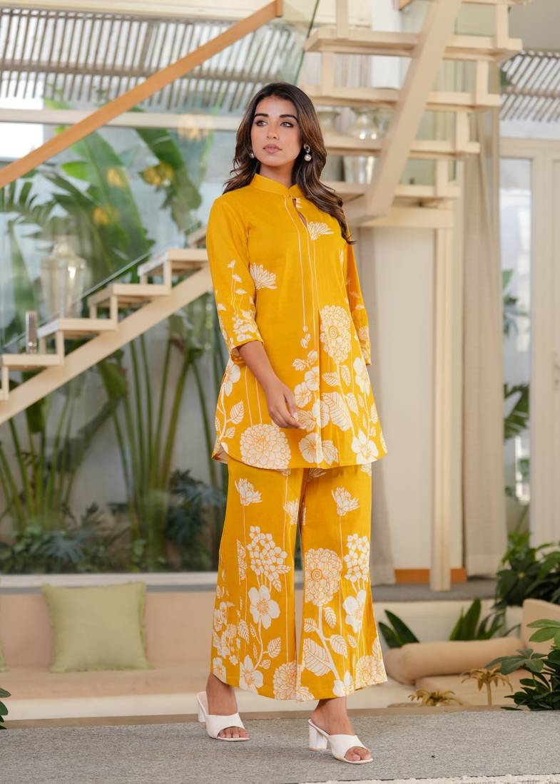 Mustard printed blended cotton jayti dandelion co-ord sets