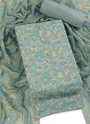 Aqua blue cotton printed summer collection unstitched suit with cotton dupatta 2