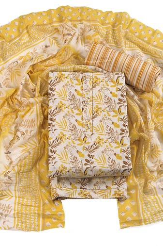 Yellow cotton printed summer collection unstitched suit with cotton dupatta