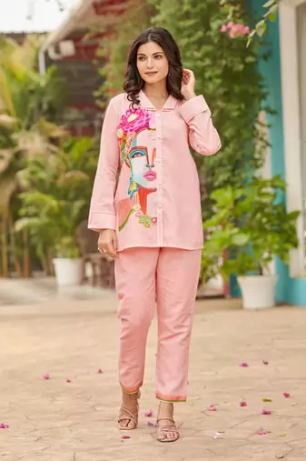 Peach printed cotton iyana softpink co-ord sets