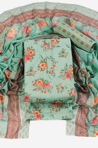 Aqua blue cotton printed summer collection unstitched suit with cotton dupatta