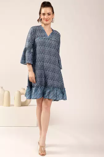 Blue flared digital print dress for women