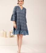 Blue flared digital print dress for women