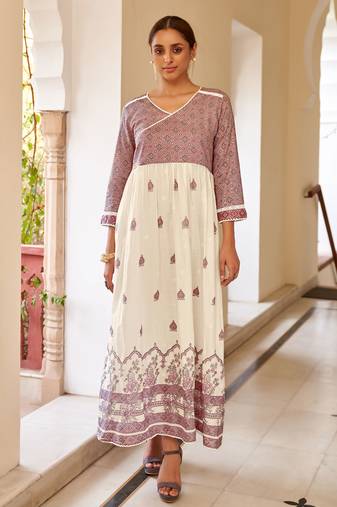 Pink cotton printed v neck dress for women