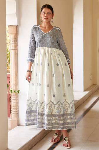 Blue cotton printed v neck dress for women