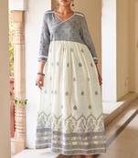 Blue cotton printed v neck dress for women