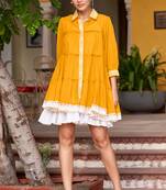 Mustard cotton embroidered loose fit dress for women