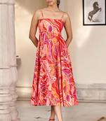 Red orange abstract floral spaghetti strap dress for women