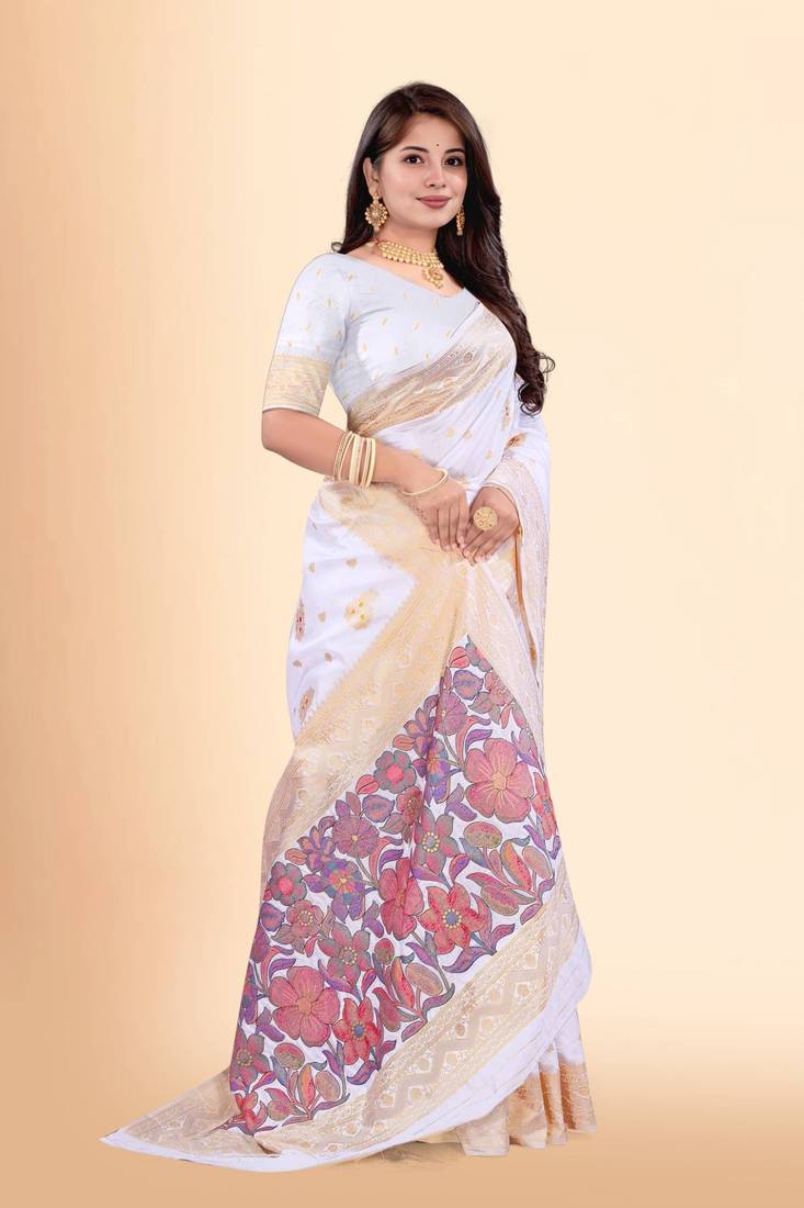 White art Silk Zari Woven Saree With Rich Pallu