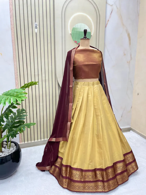 Brown & Cream South Style Kanchipuram Silk Semi stitched Lehenga set with choli and dupatta 2