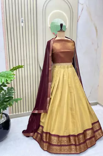 Brown & Cream South Style Kanchipuram Silk Semi stitched Lehenga set with choli and dupatta