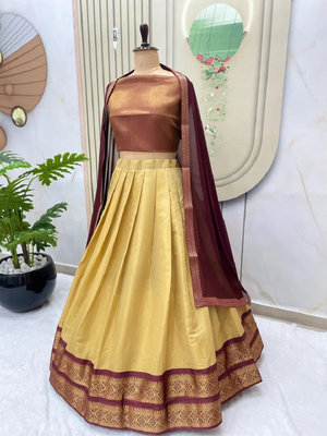Brown & Cream South Style Kanchipuram Silk Semi stitched Lehenga set with choli and dupatta 3