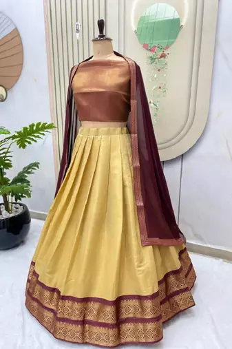 Brown & Cream South Style Kanchipuram Silk Semi stitched Lehenga set with choli and dupatta