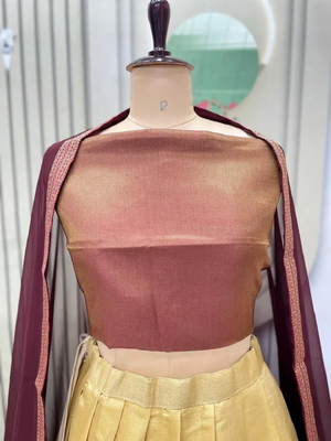 Brown & Cream South Style Kanchipuram Silk Semi stitched Lehenga set with choli and dupatta 4