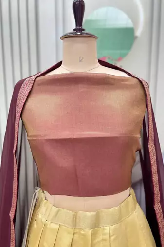 Brown & Cream South Style Kanchipuram Silk Semi stitched Lehenga set with choli and dupatta