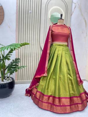 Pink & Pista South Style Kanchipuram Silk Semi stitched Lehenga set with choli and dupatta 2