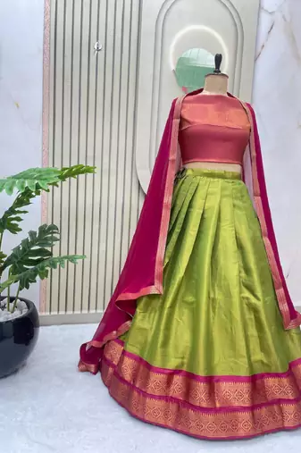 Pink & Pista South Style Kanchipuram Silk Semi stitched Lehenga set with choli and dupatta