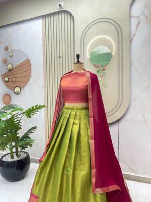 Pink & Pista South Style Kanchipuram Silk Semi stitched Lehenga set with choli and dupatta 3