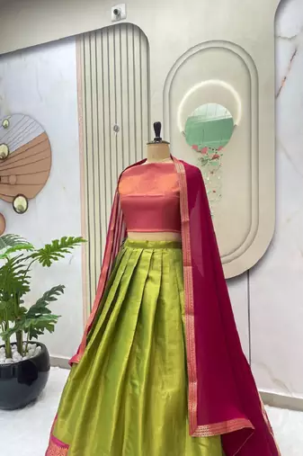 Pink & Pista South Style Kanchipuram Silk Semi stitched Lehenga set with choli and dupatta