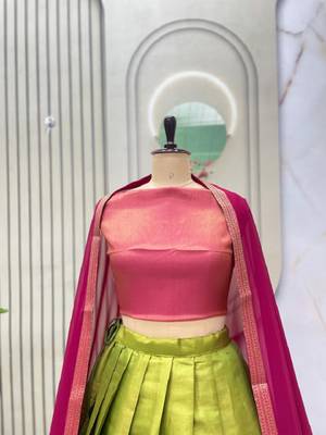Pink & Pista South Style Kanchipuram Silk Semi stitched Lehenga set with choli and dupatta 1