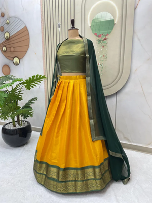 Green & Yellow South Style Kanchipuram Silk Semi stitched Lehenga set with choli and dupatta 2