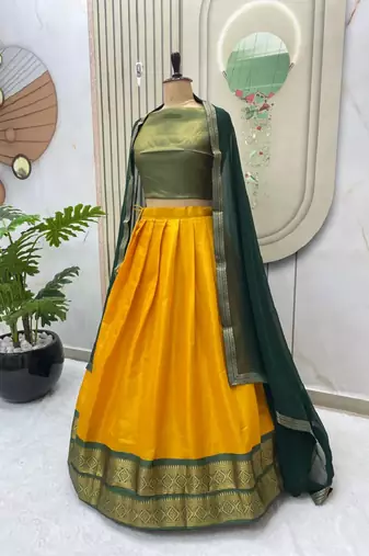 Green & Yellow South Style Kanchipuram Silk Semi stitched Lehenga set with choli and dupatta