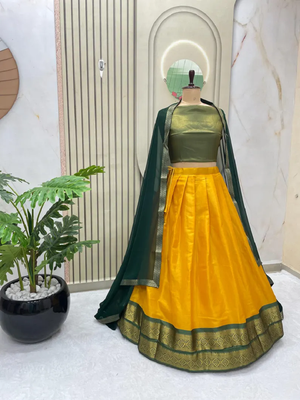 Green & Yellow South Style Kanchipuram Silk Semi stitched Lehenga set with choli and dupatta 3