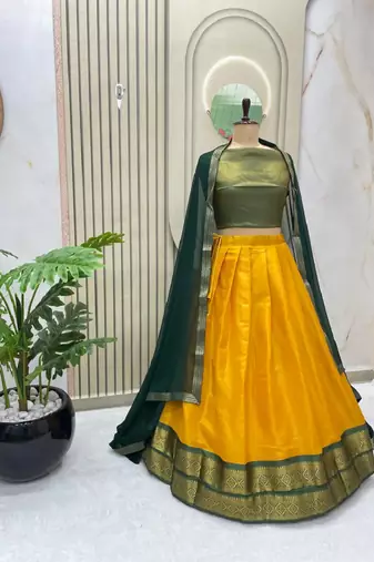 Green & Yellow South Style Kanchipuram Silk Semi stitched Lehenga set with choli and dupatta