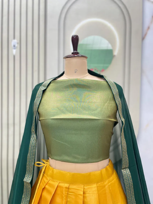 Green & Yellow South Style Kanchipuram Silk Semi stitched Lehenga set with choli and dupatta 1