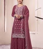 Onion pink chinon silk thread embroidered sharara suit