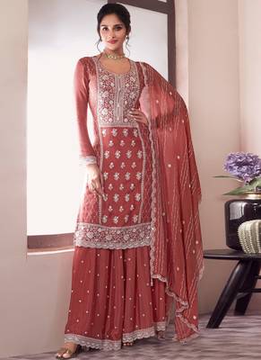 Gajri chinon silk thread embroidered sharara suit 1