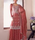 Gajri chinon silk thread embroidered sharara suit