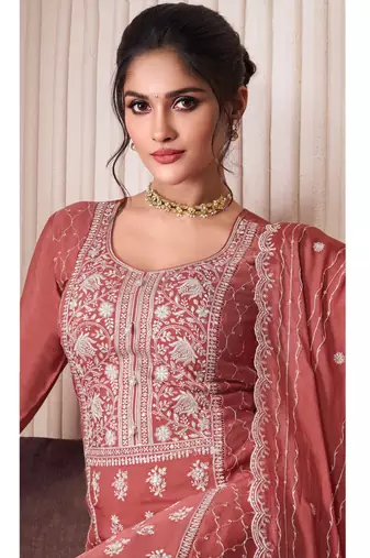 Gajri chinon silk thread embroidered sharara suit