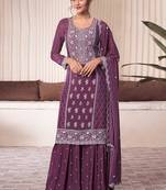 Purple chinon silk thread embroidered sharara suit