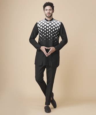 Black silk geometric printed jacket paired with kurta & pant 1
