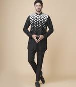 Black silk geometric printed jacket paired with kurta & pant