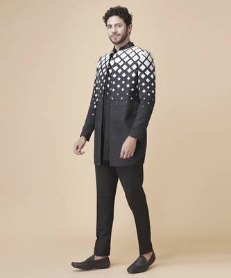 Black silk geometric printed jacket paired with kurta & pant 2