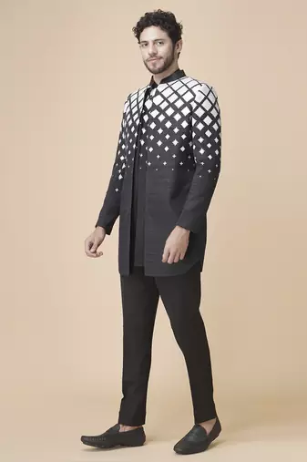 Black silk geometric printed jacket paired with kurta & pant
