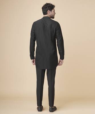 Black silk geometric printed jacket paired with kurta & pant 3